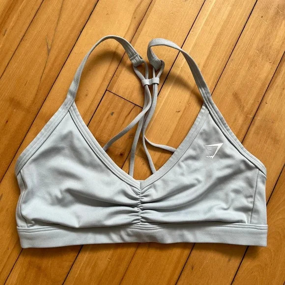 Gymshark Strappy Ruched Front Sports Bra Light Blue Silver Grey V-Neck Small - Picture 1 of 4
